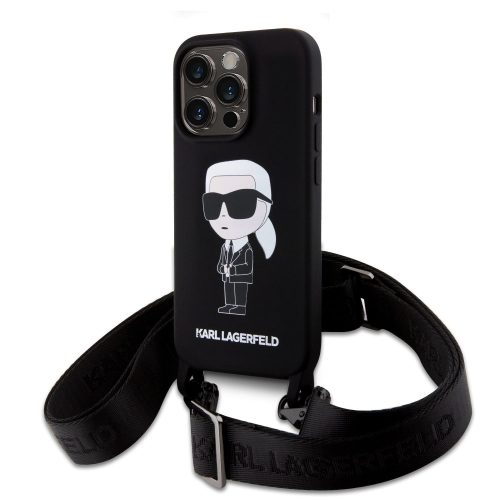 Karl Lagerfeld Liquid Silicone Crossbody Ikonik Case iPhone 15 Pro (KLHCP15LSCBSKNK) hátlap, tok, fekete