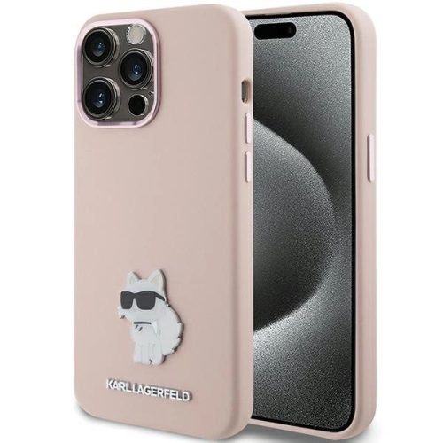 Karl Lagerfeld KLHCP15LSMHCNPP Silicone Choupette Metal Pin iPhone 15 Pro 6.1" tok, rózsaszín