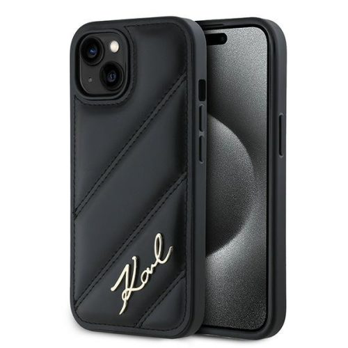 Karl Lagerfeld KLHCP15SPQQDSMGK Diagonal Quilted Script iPhone 15 6.1", hátlap, tok, fekete