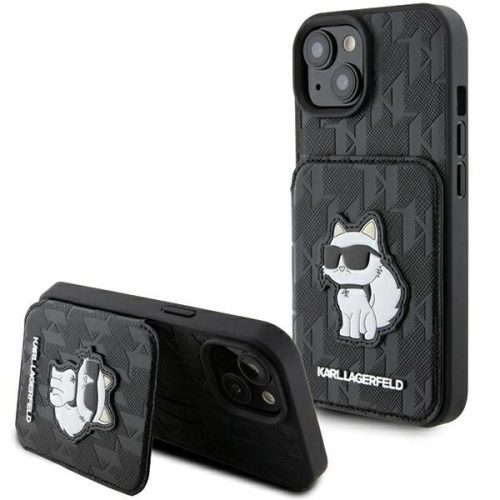 Karl Lagerfeld KLHCP15SSAKCNSCK Saffiano Cardslots and Stand Monogram Choupette iPhone 15 6.1", hátlap, tok, fekete