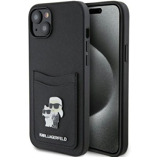 Karl Lagerfeld KLHCP15SSAPKCNPK Saffiano Cardslot Karl&Choupette Metal Pin iPhone 15 6.1" hátlap, tok, fekete