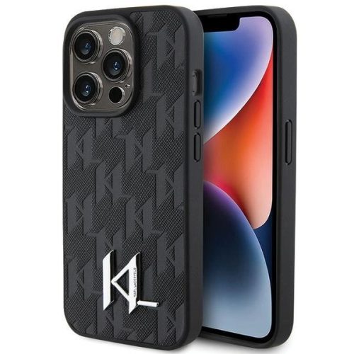 Karl Lagerfeld KLHCP15XPKLPKLPKLK Leather Monogram Hot Stamp Metal Logo iPhone 15 Pro Max 6.7" tok, fekete