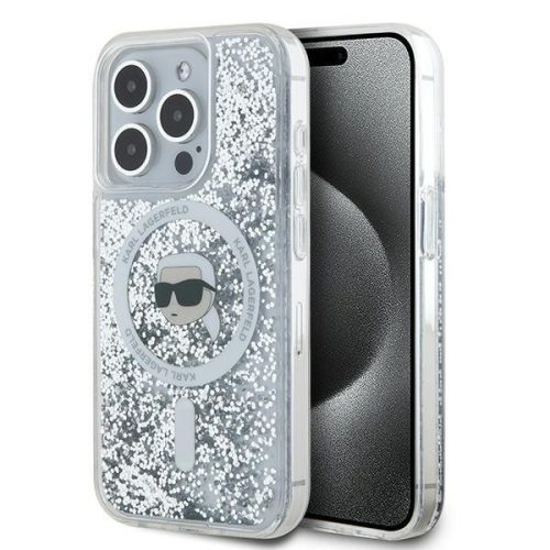 Karl Lagerfeld KLHMP15LLGKISGH Liquid Glitter Karl Head Magsafe iPhone 15 Pro 6,1" hátlap, tok, átlátszó