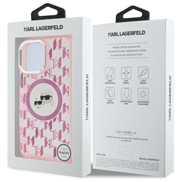 Karl Lagerfeld iPhone 16 Pro Magsafe IML Monogram Karl&Choupette Head (KLHMP16LHMCKMHP) Magsafe kompatibilis hátlap, tok, rózsaszín