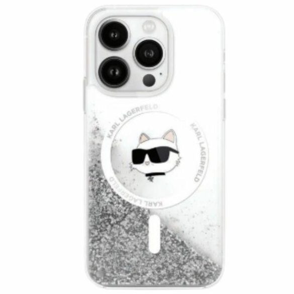 Karl Lagerfeld iPhone 16 Magsafe Liquid Glitter Choupette Head (KLHMP16SLGCHSGH) Magsafe kompatibilis hátlap, tok, ezüst-átlátszó