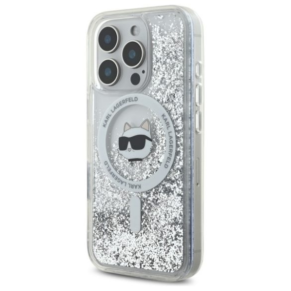 Karl Lagerfeld iPhone 16 Pro Max Magsafe Liquid Glitter Choupette Head (KLHMP16XLGCHSGH) Magsafe kompatibilis hátlap, tok, ezüst-átlátszó