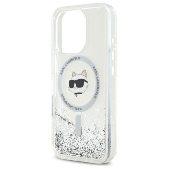 Karl Lagerfeld iPhone 16 Pro Max Magsafe Liquid Glitter Choupette Head (KLHMP16XLGCHSGH) Magsafe kompatibilis hátlap, tok, ezüst-átlátszó