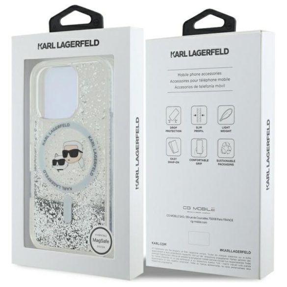 Karl Lagerfeld iPhone 16 Pro Max Magsafe Liquid Glitter Karl&Choupette Head (KLHMP16XLGKCSGH) Magsafe kompatibilis hátlap, tok, ezüst-átlátszó