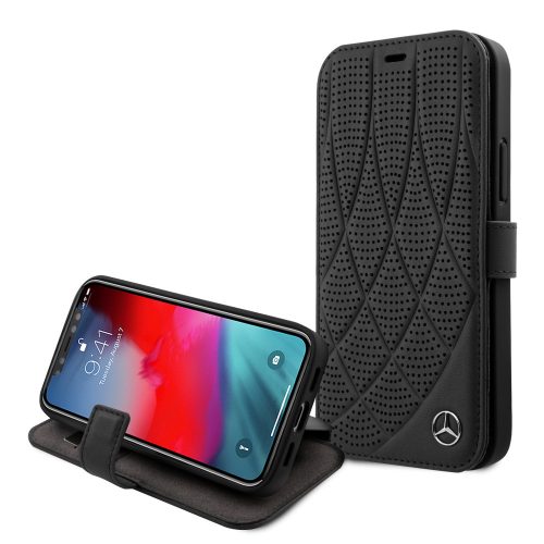 Mercedes-Benz iPhone 12 Mini 5,4" Genuine Leather (MEFLBKP12SDIQBK) eredeti bőr, oldalra nyíló tok, fekete