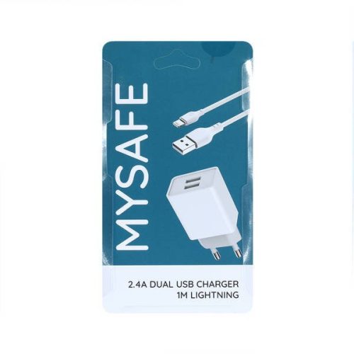 Mysafe CH24A 2xUSB-A hálózati töltő adapter, Lightning 1m kábel, 2.4A, fehér