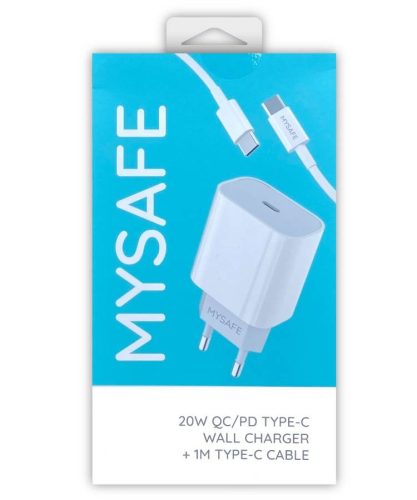 Mysafe CH20W USB-C hálózati töltő adapter USB-C kábellel, gyorstöltő, 20W, fehér