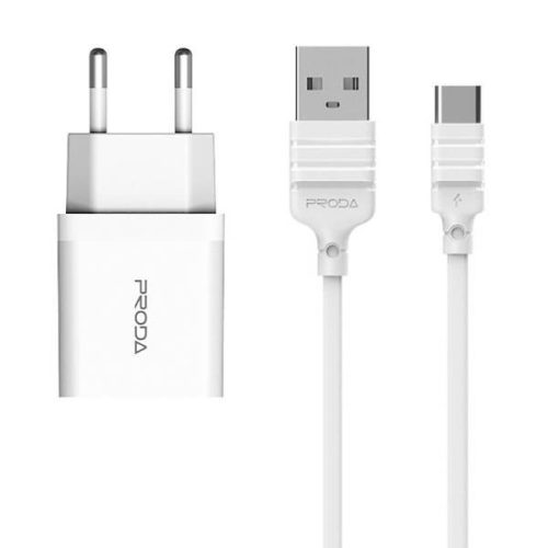 Proda PD-A113 USB hálózati töltő adapter, és USB/USB-C kábel, 1m, 2.4A, fehér