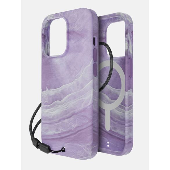 Bodyguardz Carve Marble Magsafe Case iPhone 15 Pro Magsafe kompatibilis hátlap + csuklópánt, tok, lila-fehér