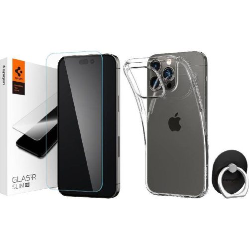 Spigen Liquid Crystal Flex Case iPhone 14 Pro szilikon hátlap + 2D sík üvegfólia + szelfi gyűrű és kitámasztó, tok, átlátszó