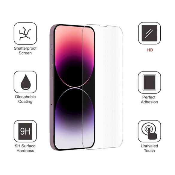 iPhone 13/13 Pro/14 kijelzővédő edzett üvegfólia (tempered glass) 9H keménységű (nem teljes kijelzős 2.5D sík üvegfólia), matt