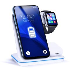   GY-Z5A 3in1 LED-es Qi Wireless Charger, AirPods, Apple Watch és mobiltelefon vezeték nélküli töltő, 15W, fehér