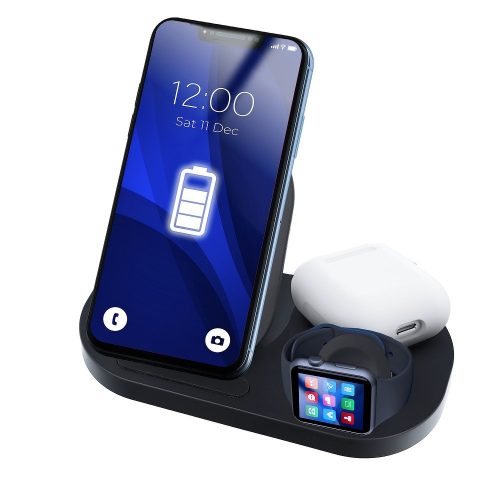 GY-Z6S 3in1 Qi Wireless Charger, AirPods, Apple Watch és mobiltelefon vezeték nélküli töltő, 15W, fekete