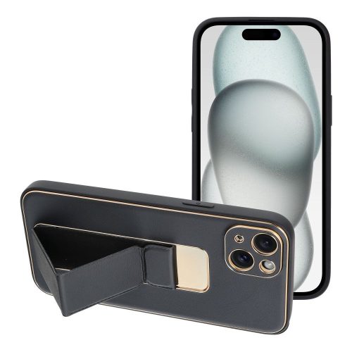 Leather Case Kickstand tok iPhone 15 Plus, fekete