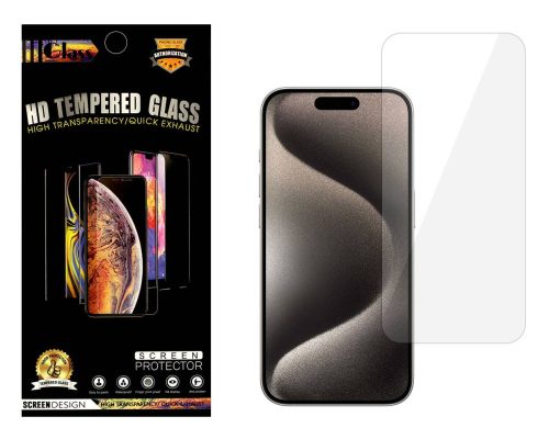 iPhone 15 Plus/15 Pro Max kijelzővédő edzett üvegfólia (tempered glass) 9H keménységű (nem teljes kijelzős 2.5D sík üvegfólia), átlátszó