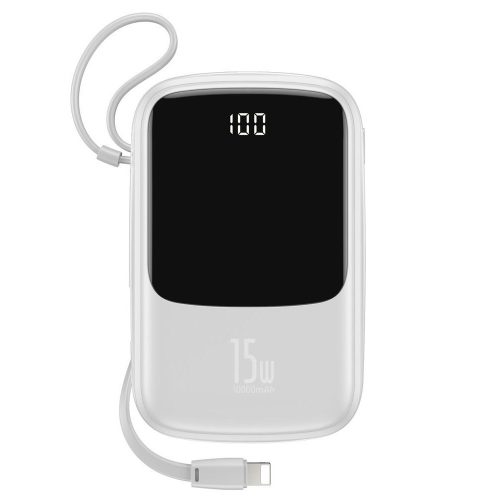 Baseus PPQD-B02 Qpow Power Bank, hordozható külső akkumulátor 2xUSB/USB-C, Lightning kábellel, 10000mAh, 15W, fehér