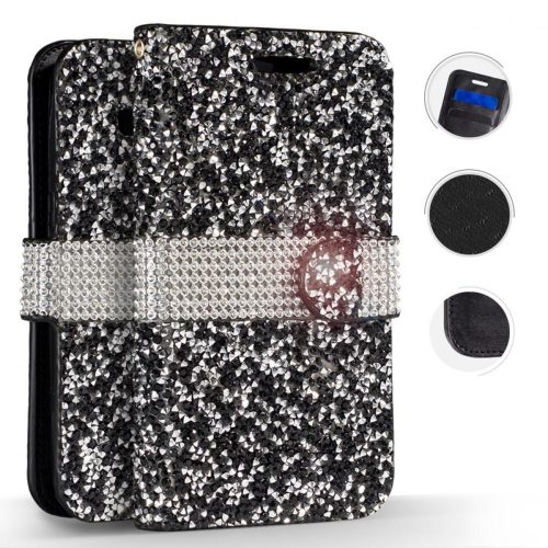 Zizo Diamond Bling Samsung Galaxy S9 oldalra nyíló tok, kártyatartóval, fekete